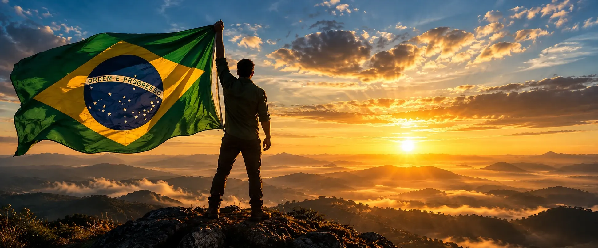 Pessoa segurando a bandeira do Brasil no alto de uma montanha ao nascer do sol